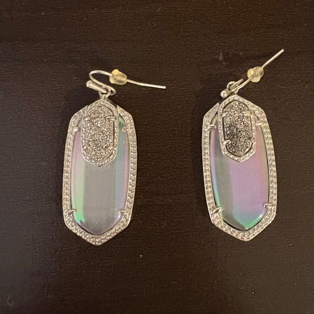 Kendra Scott Emmy Iridescent‎ Dichroic Glass Drusy Drop Earrings Rhodium Silver